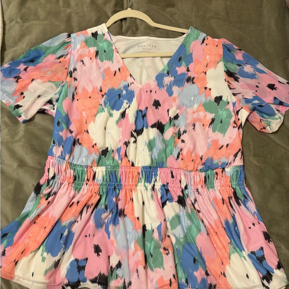 Ava & Viv Coral Pink Blue Green Abstract V-Neck Peplum Top